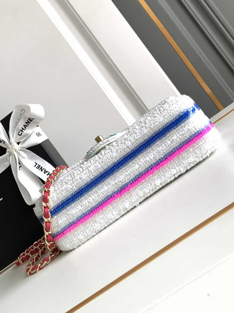 Chanel Mini Flap Bag A69900 White Sequinsl Gold-Tone Metal