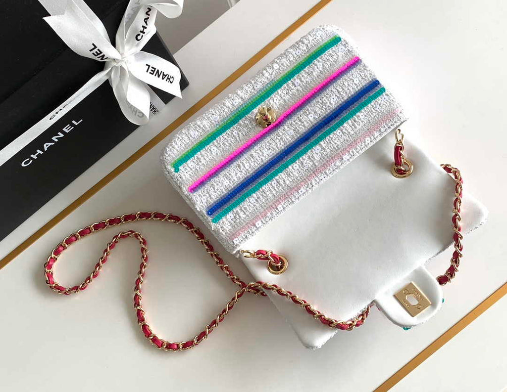 Chanel Mini Flap Bag A69900 White Sequinsl Gold-Tone Metal