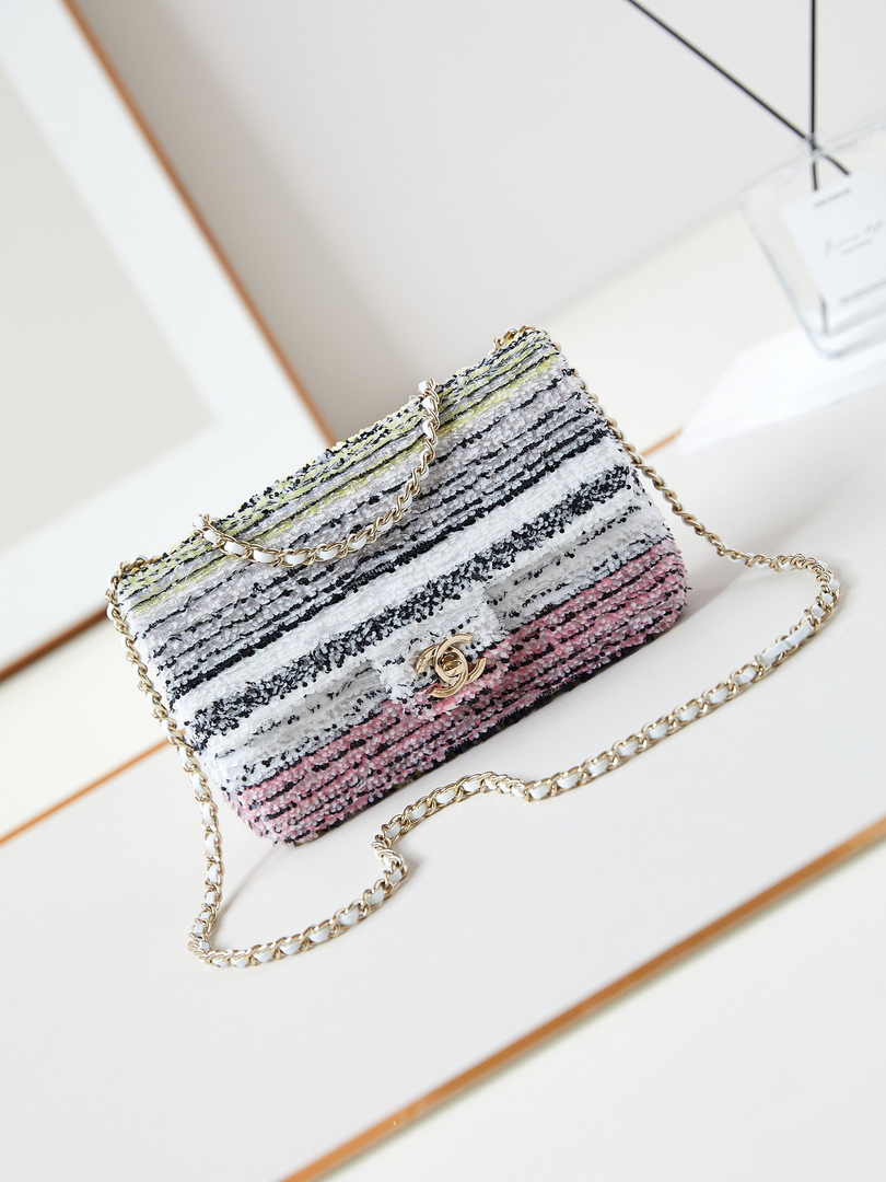 Chanel Mini Classic Handbag A69900 White Sequinsl Gold-Tone Metal