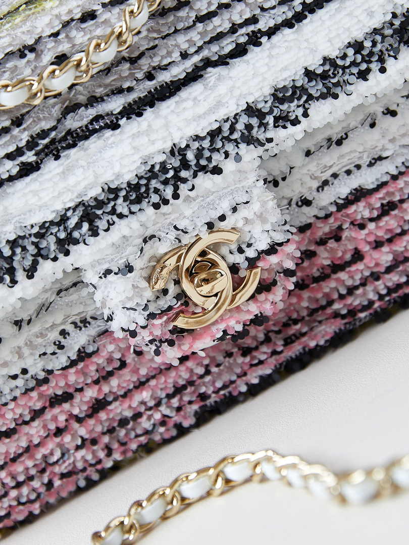 Chanel Mini Classic Handbag A69900 White Sequinsl Gold-Tone Metal
