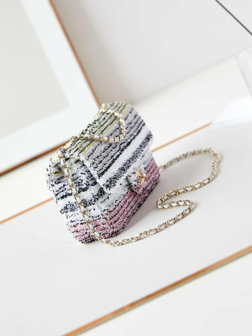 Chanel Mini Classic Handbag A69900 White Sequinsl Gold-Tone Metal