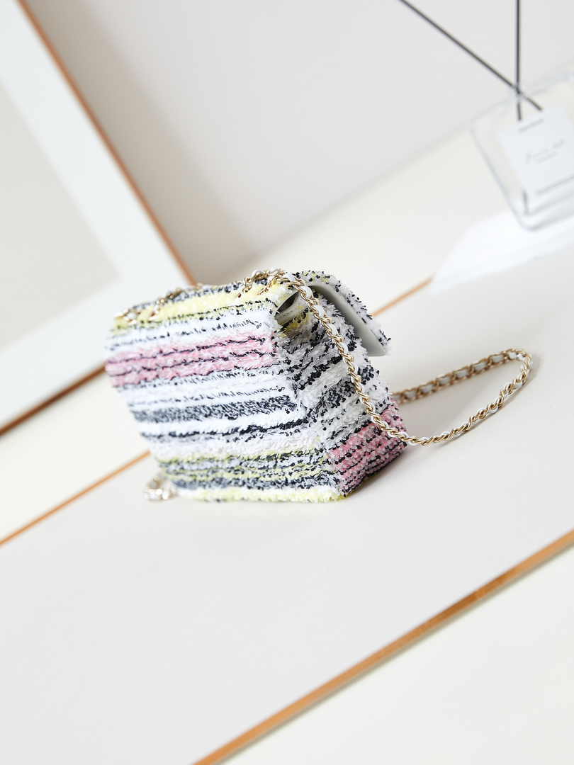 Chanel Mini Classic Handbag A69900 White Sequinsl Gold-Tone Metal