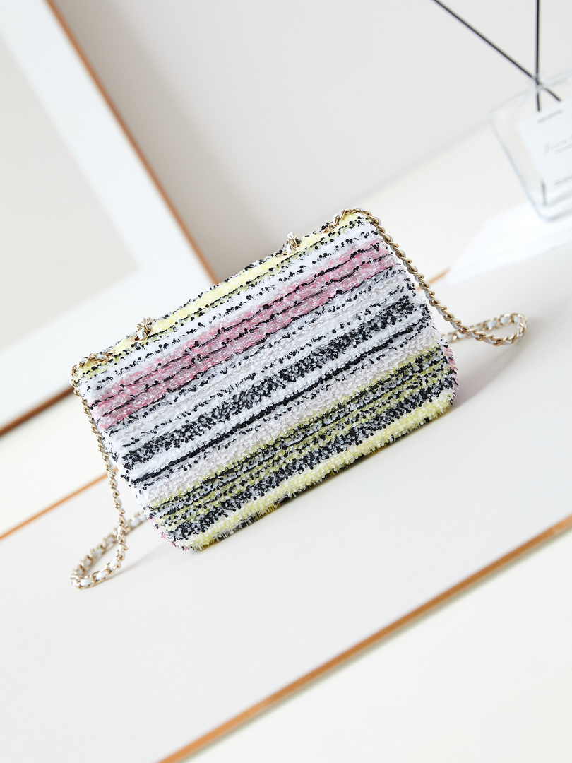 Chanel Mini Classic Handbag A69900 White Sequinsl Gold-Tone Metal
