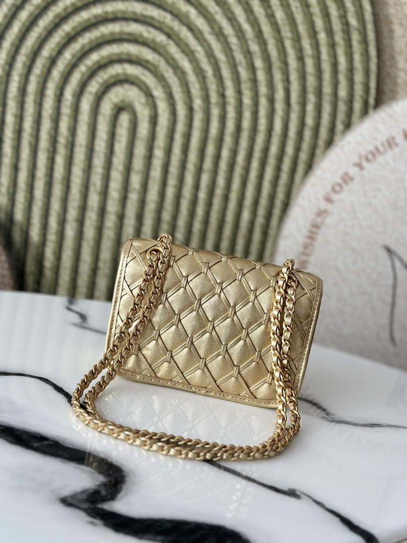 Chanel mini flap bag, AS4797 metallized braided calfskin gold