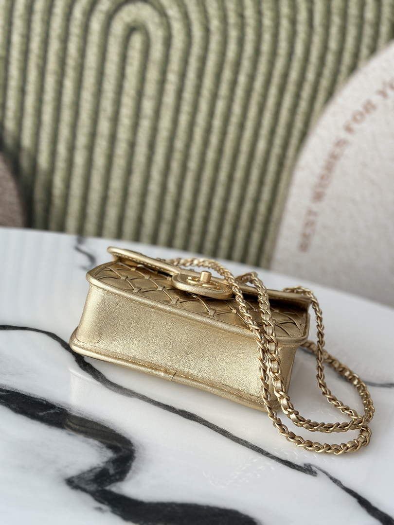 Chanel mini flap bag, AS4797 metallized braided calfskin gold