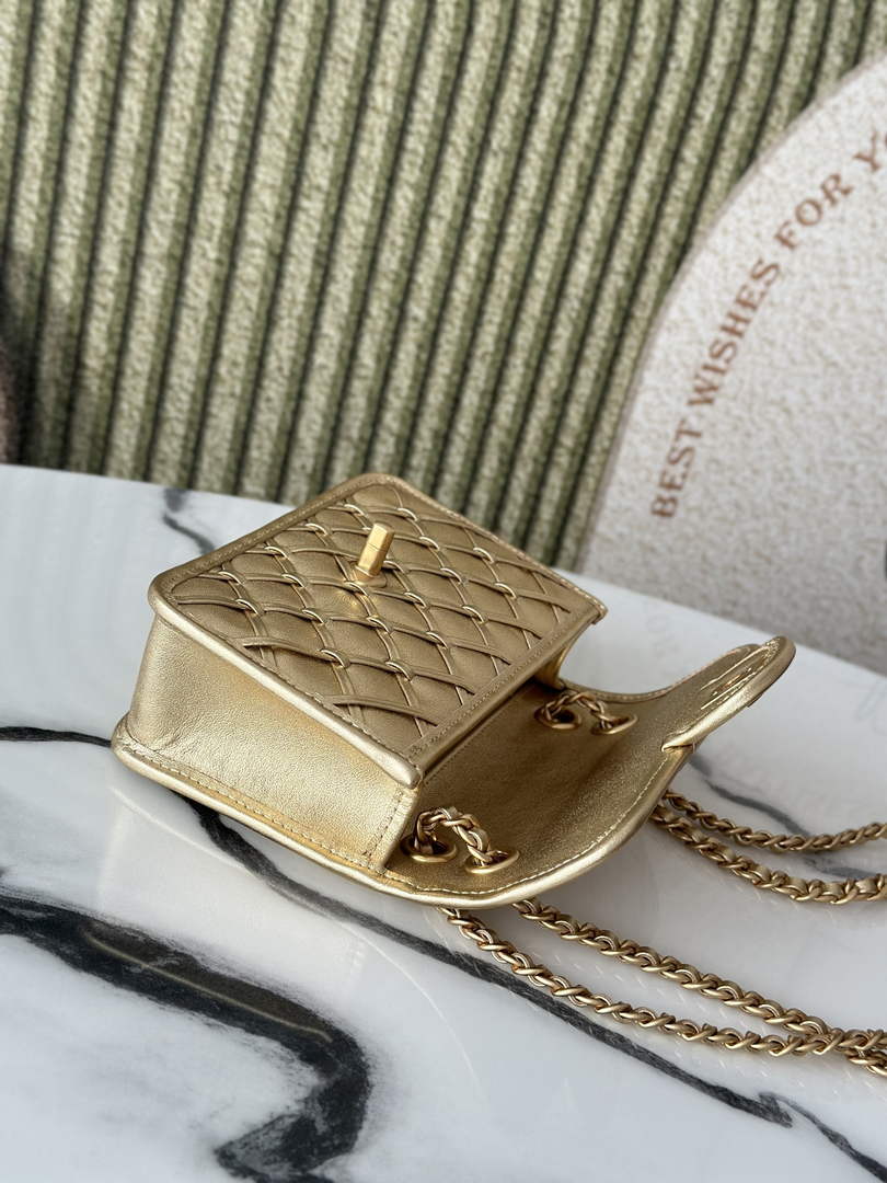 Chanel mini flap bag, AS4797 metallized braided calfskin gold
