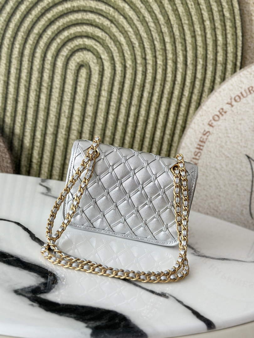 Chanel mini flap bag, AS4797 metallized braided calfskin silver