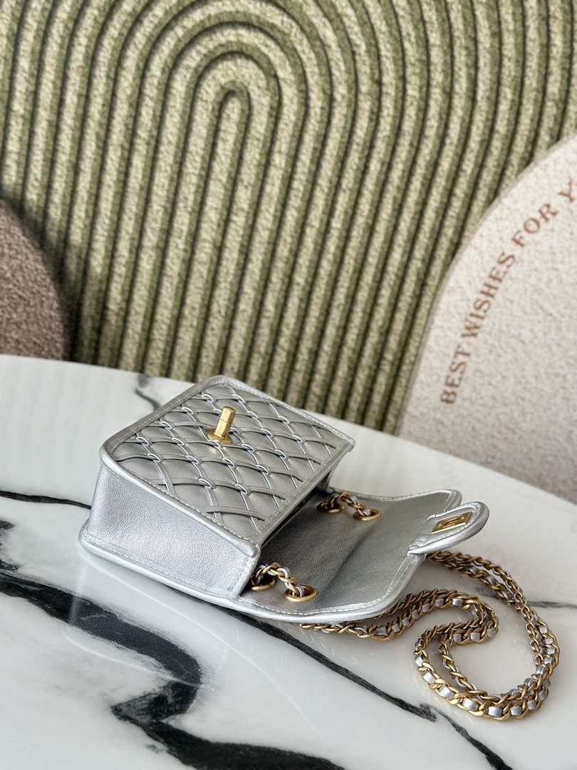 Chanel mini flap bag, AS4797 metallized braided calfskin silver