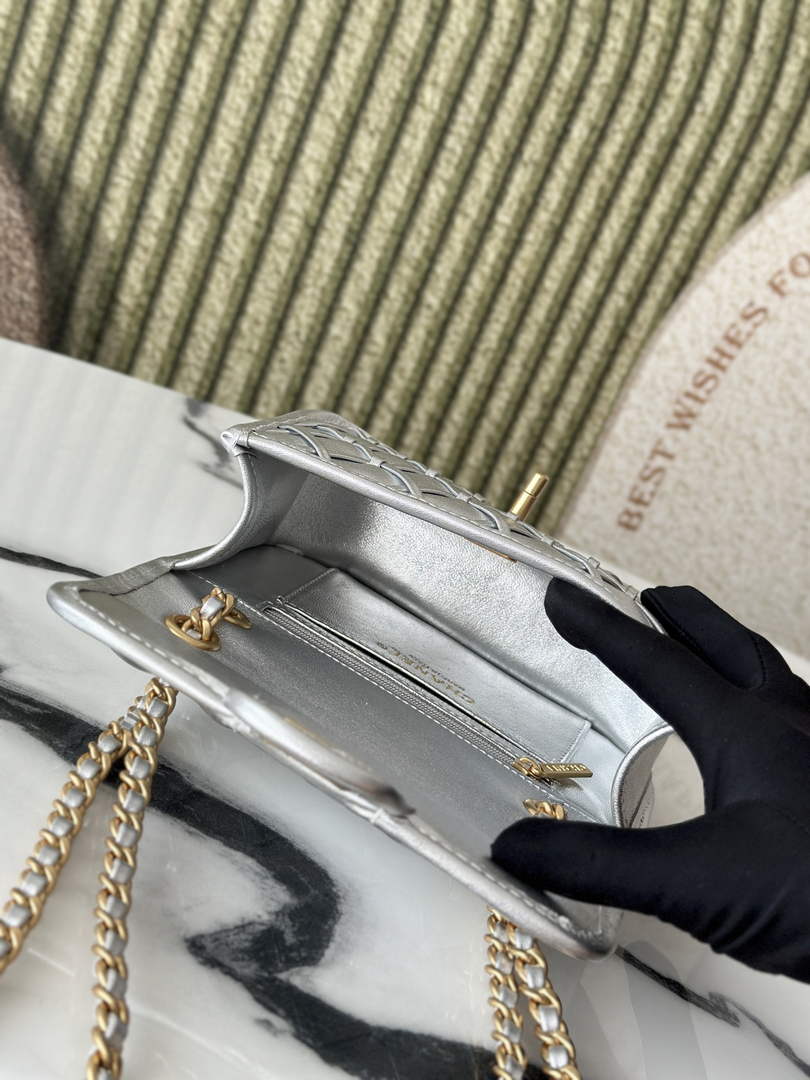 Chanel mini flap bag, AS4797 metallized braided calfskin silver