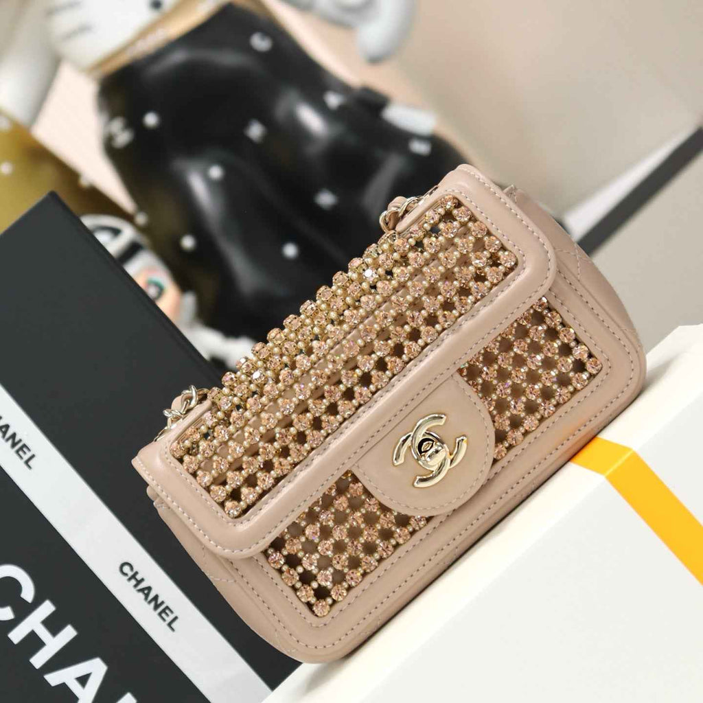 Chanel mini flap bag, AS4961 dark beige lambskin, diamanté