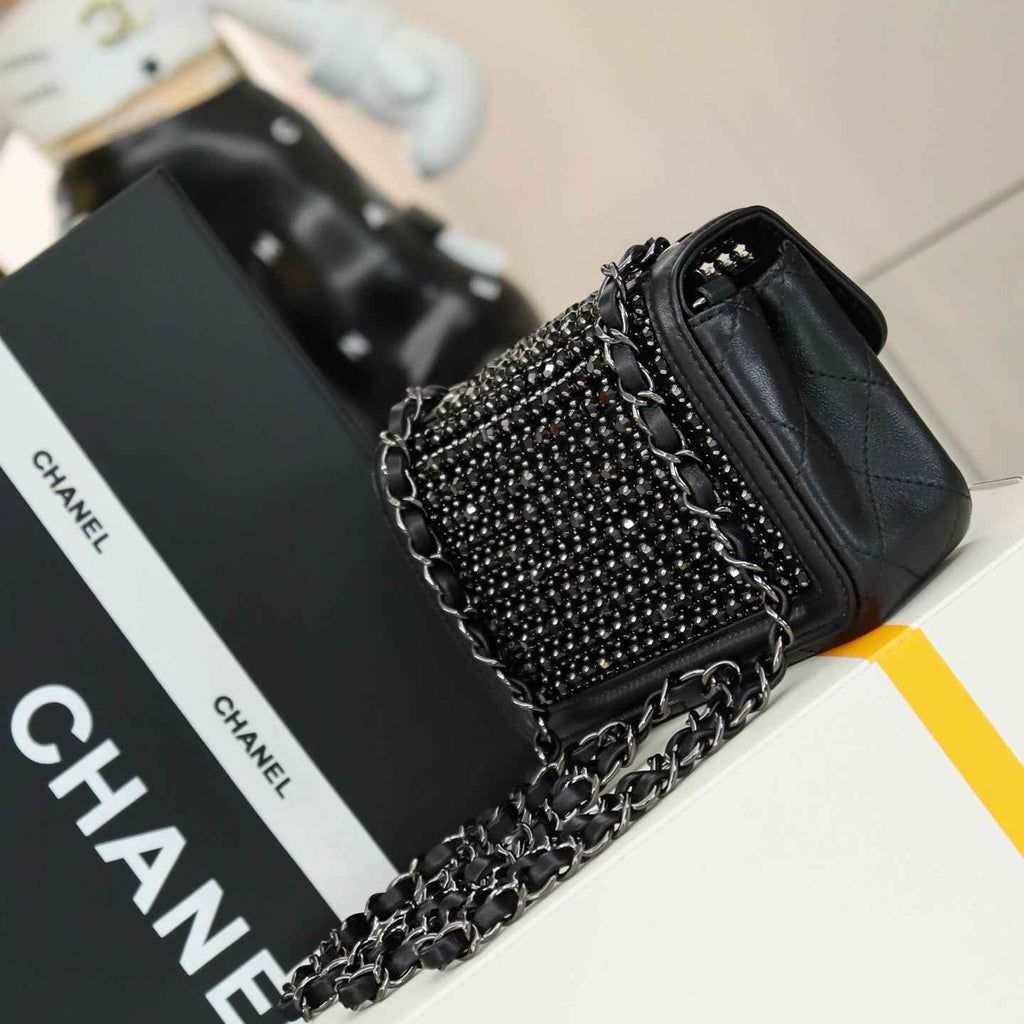 Chanel mini flap bag, AS4961 black lambskin, diamanté