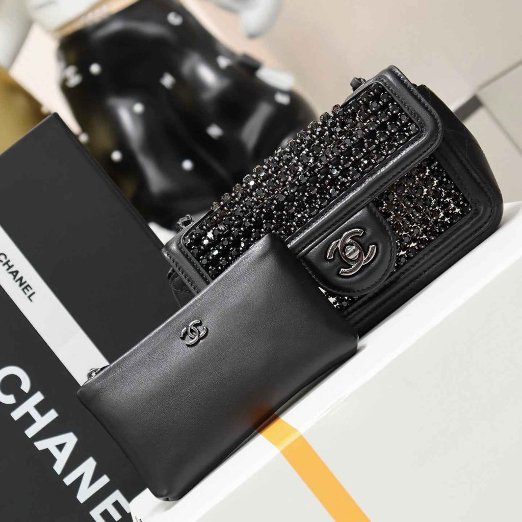 Chanel mini flap bag, AS4961 black lambskin, diamanté