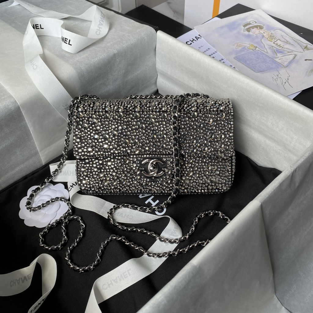Chanel mini flap bag, Satin, AS4142 silver strass