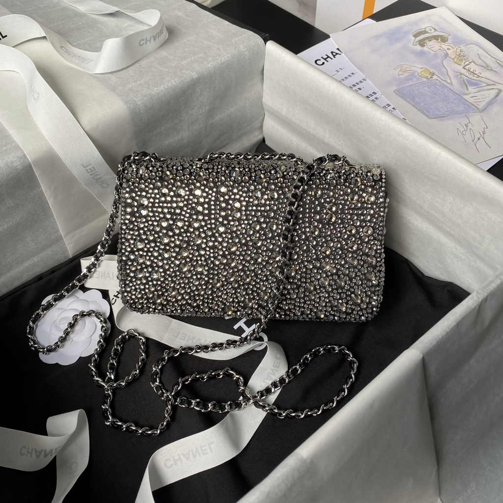 Chanel mini flap bag, Satin, AS4142 silver strass