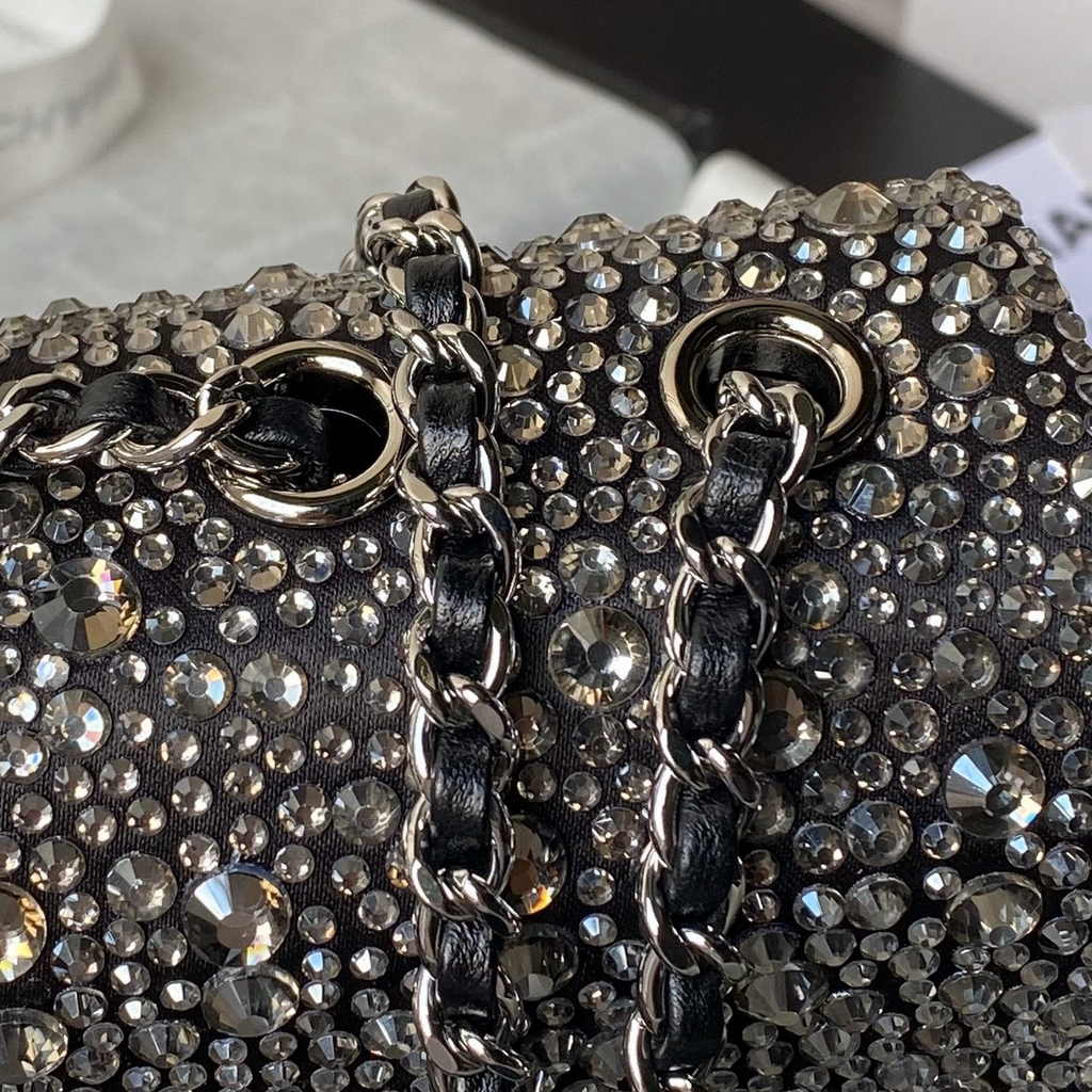 Chanel mini flap bag, Satin, AS4142 silver strass