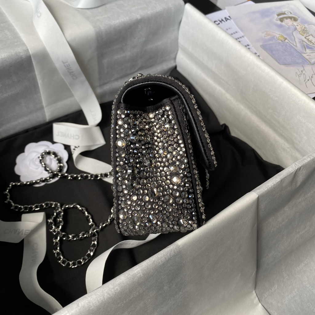 Chanel mini flap bag, Satin, AS4142 silver strass