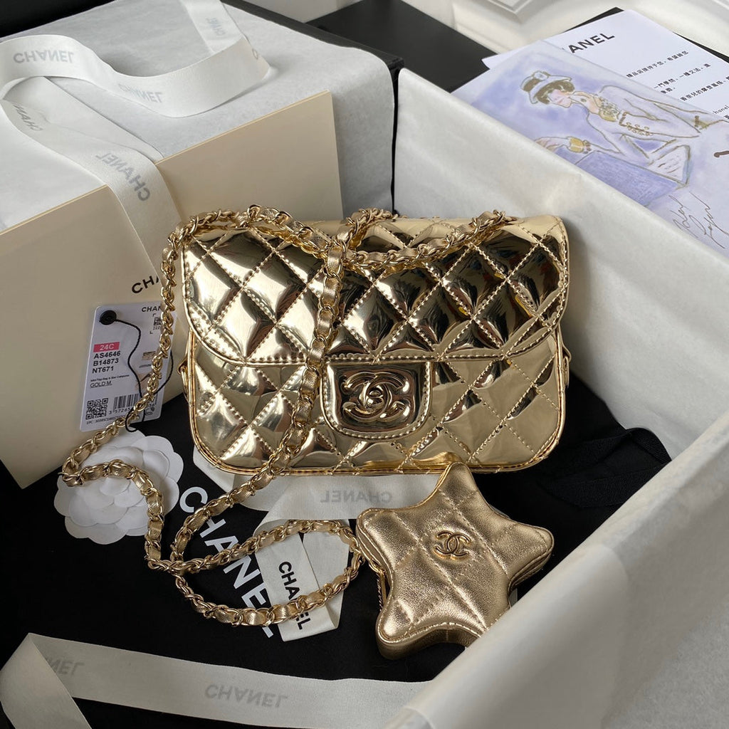 Chanel Mini Flap bag star coin purse AS4646 Mirror calfskin Gold