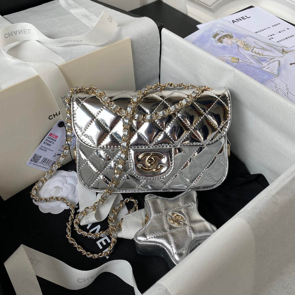 Chanel Mini Flap bag star coin purse AS4646 Mirror calfskin Silver