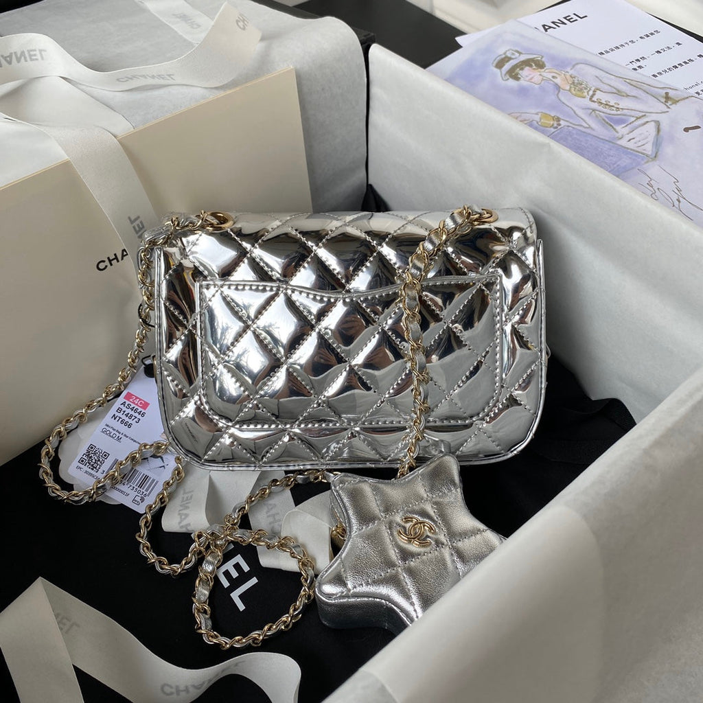 Chanel Mini Flap bag star coin purse AS4646 Mirror calfskin Silver