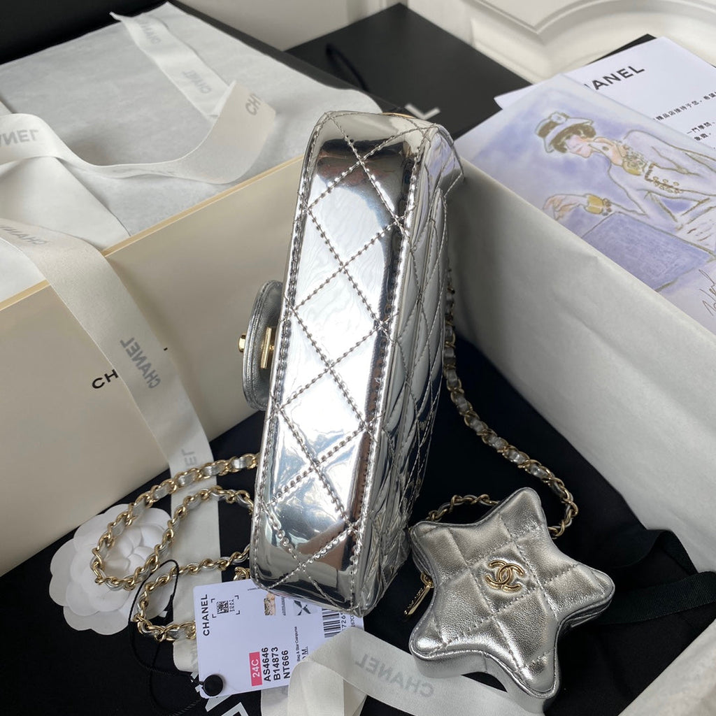 Chanel Mini Flap bag star coin purse AS4646 Mirror calfskin Silver