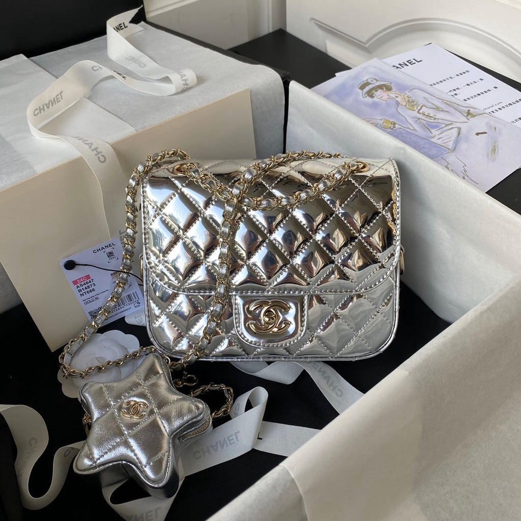 Chanel Mini Flap bag star coin purse AS4647 Mirror calfskin Silver