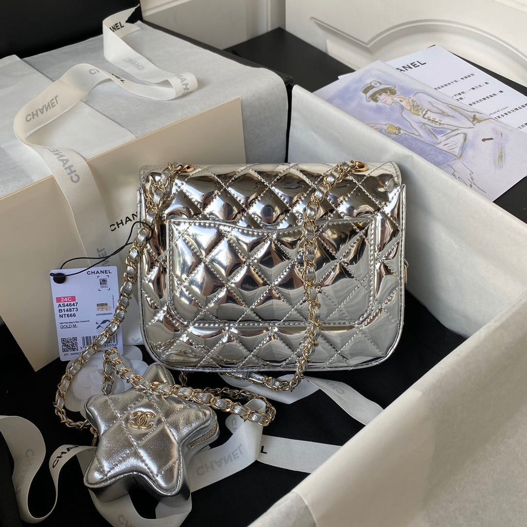 Chanel Mini Flap bag star coin purse AS4647 Mirror calfskin Silver