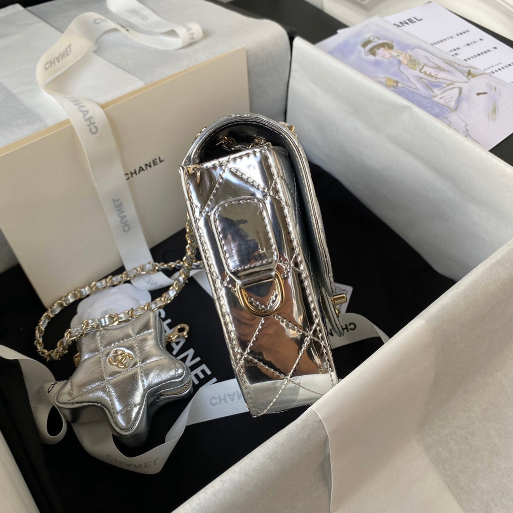 Chanel Mini Flap bag star coin purse AS4647 Mirror calfskin Silver