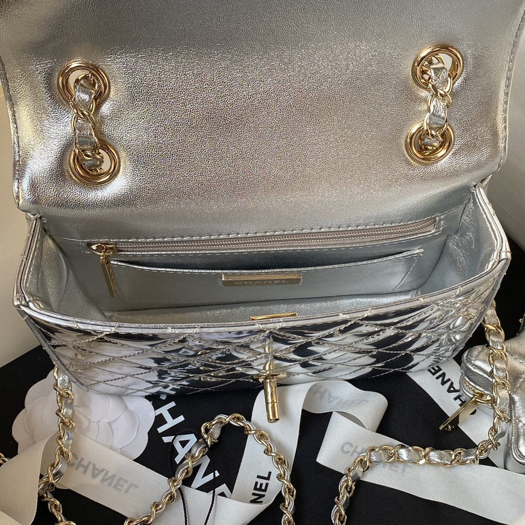 Chanel Mini Flap bag star coin purse AS4647 Mirror calfskin Silver