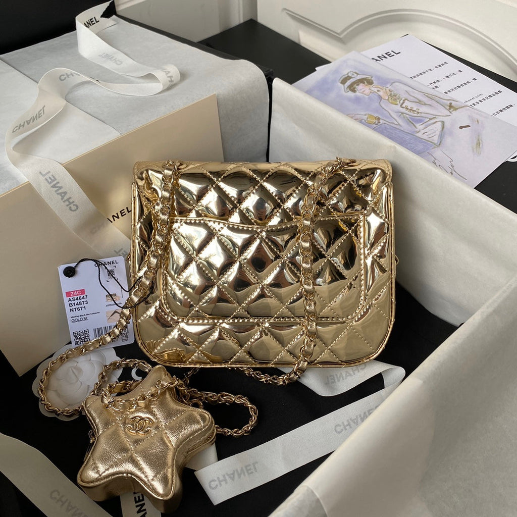 Chanel Mini Flap bag star coin purse AS4647 Mirror calfskin gold