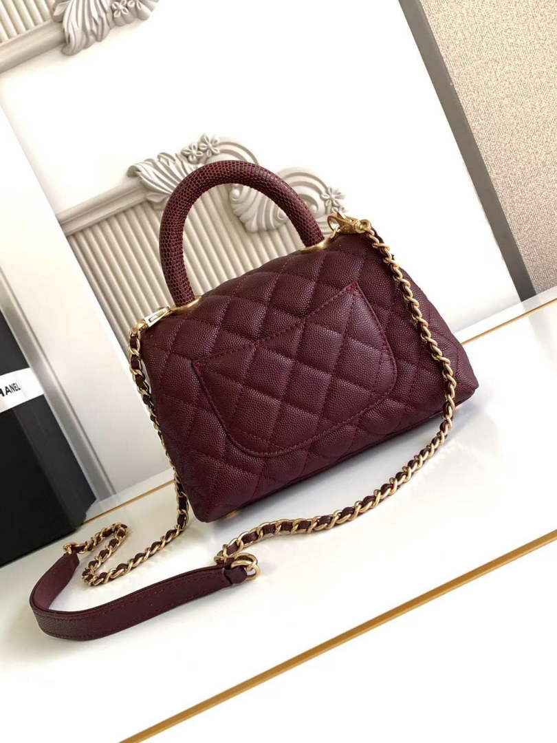 Chanel Mini Flap Bag with Top Handle AS2215 - Wine Red Leather Gold