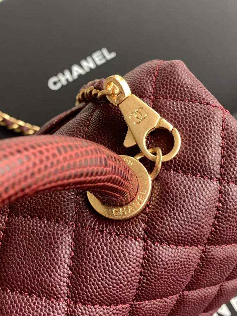 Chanel Mini Flap Bag with Top Handle AS2215 - Wine Red Leather Gold