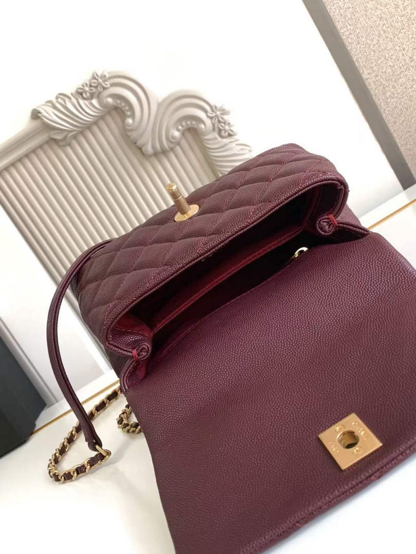 Chanel Mini Flap Bag with Top Handle AS2215 - Wine Red Leather Gold