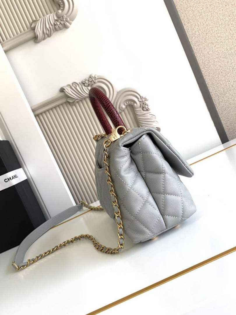Chanel Mini Flap Bag with Top Handle AS2215 - Gray Red Leather