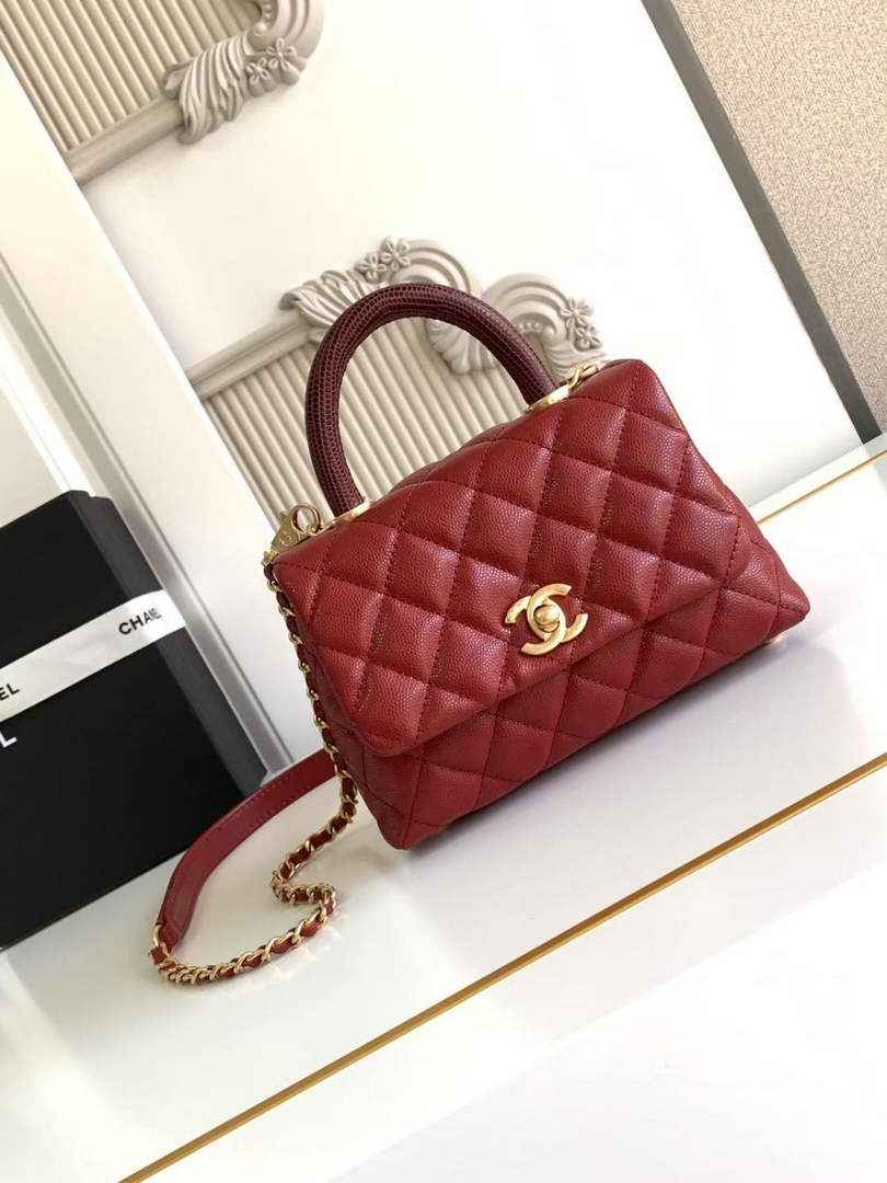 Chanel Mini Flap Bag with Top Handle AS2215 - Red Leather Gold