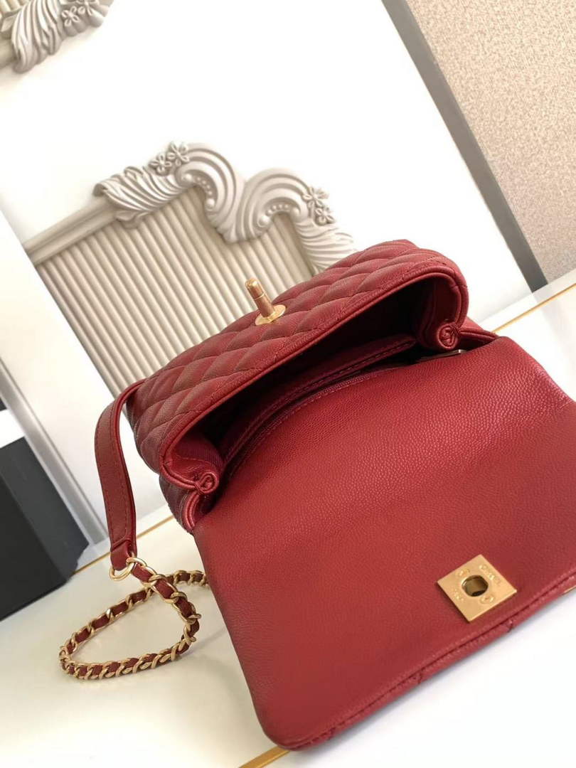 Chanel Mini Flap Bag with Top Handle AS2215 - Red Leather Gold