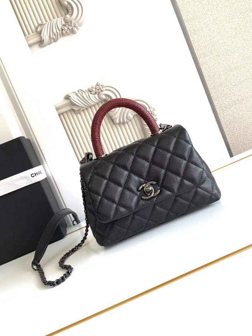 Chanel Mini Flap Bag with Top Handle AS2215 - Black Red Leather
