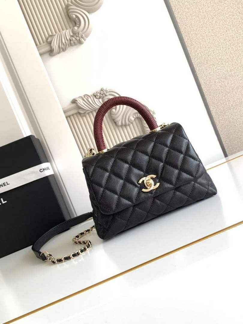 Chanel Mini Flap Bag with Top Handle AS2215 - Black Red Leather - Gold