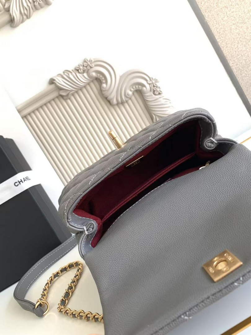 Chanel Mini Flap Bag with Top Handle AS2215 - Dark Gray Red Leather