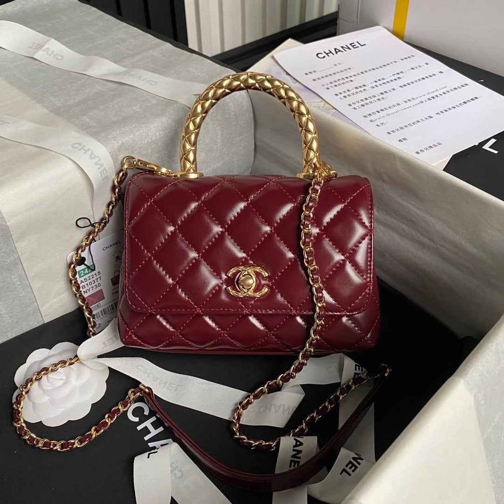 Chanel Mini Flap Bag with Top Handle AS2215 - Wine Red Calfskin