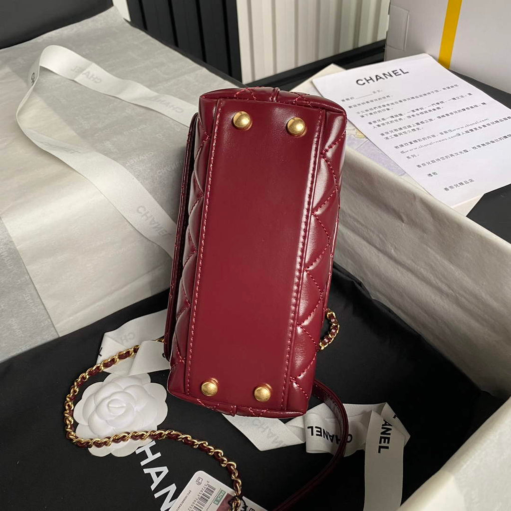 Chanel Mini Flap Bag with Top Handle AS2215 - Wine Red Calfskin