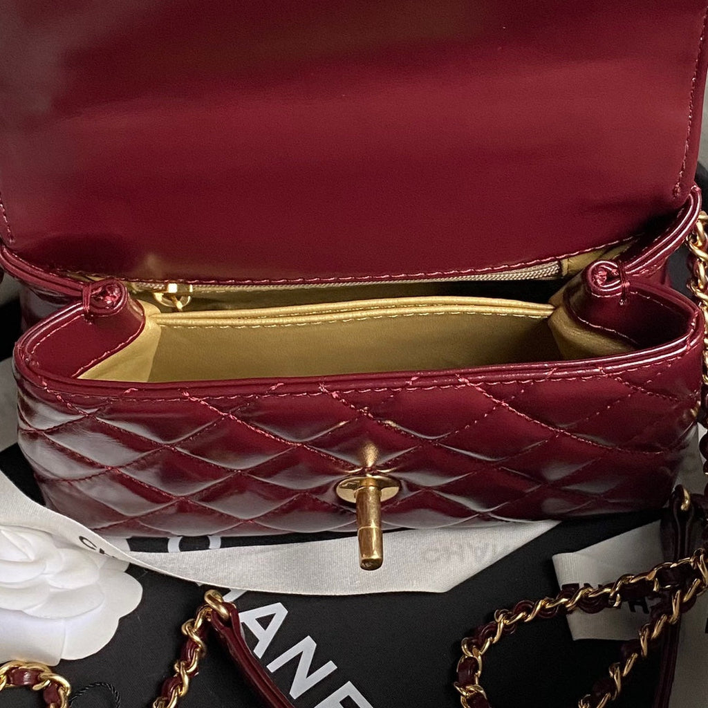 Chanel Mini Flap Bag with Top Handle AS2215 - Wine Red Calfskin