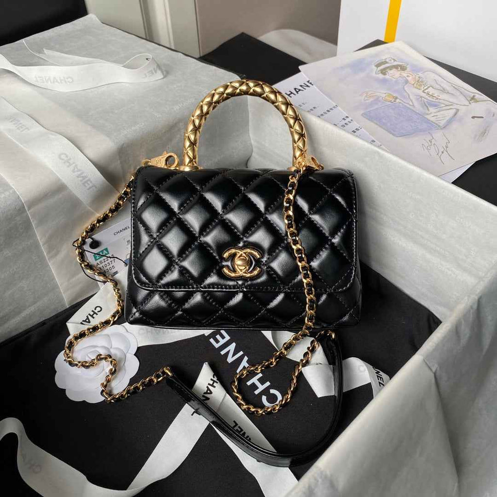 Chanel Mini Flap Bag with Top Handle AS2215 - Black Calfskin