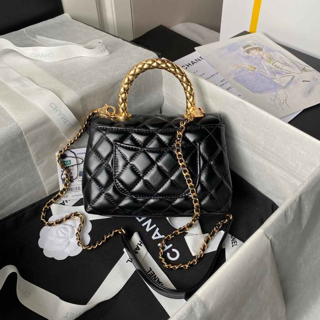 Chanel Mini Flap Bag with Top Handle AS2215 - Black Calfskin