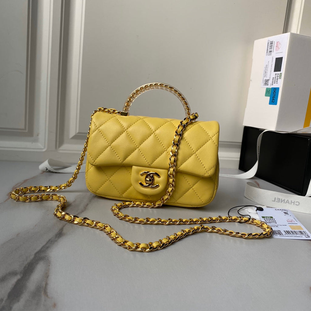Chanel Mini flap bag with top handle AS4847 Yellow Lambskin