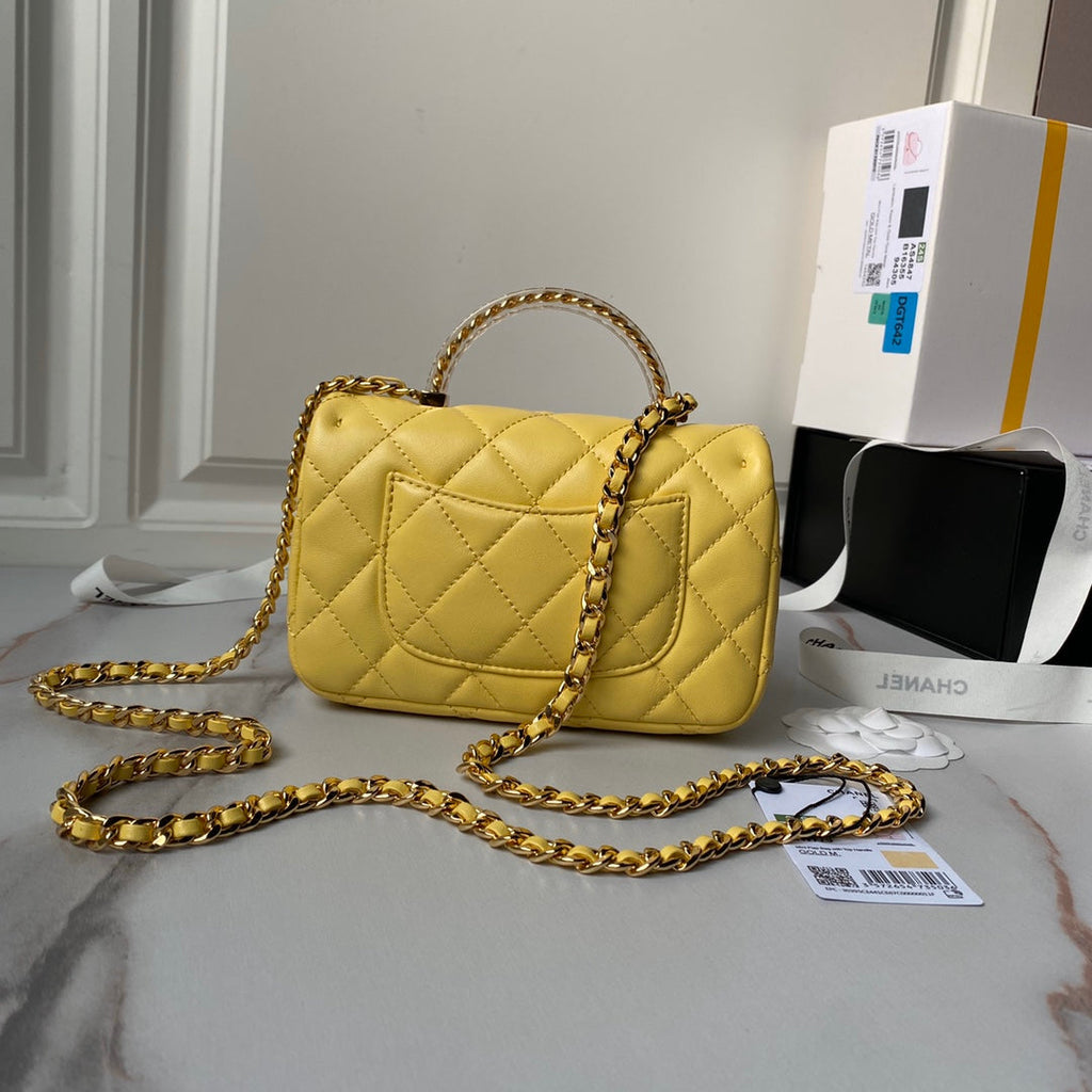 Chanel Mini flap bag with top handle AS4847 Yellow Lambskin