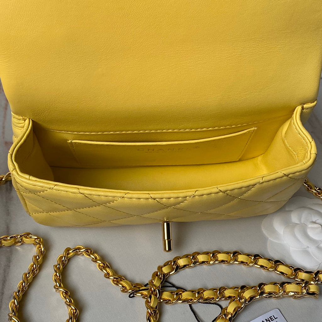 Chanel Mini flap bag with top handle AS4847 Yellow Lambskin