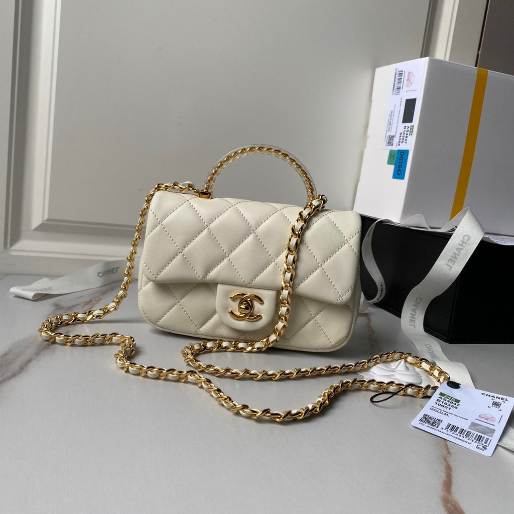 Chanel Mini flap bag with top handle AS4847 Beige Lambskin