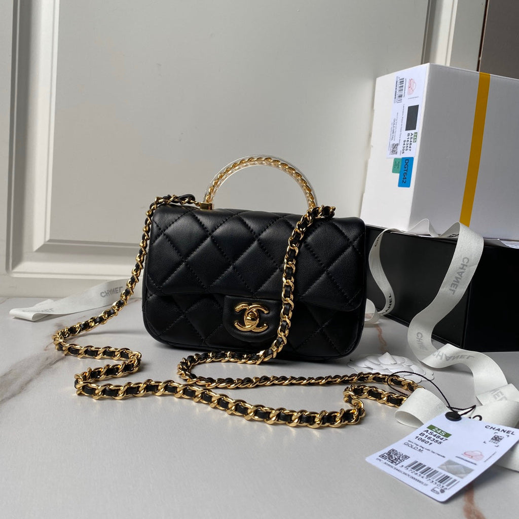 Chanel Mini flap bag with top handle AS4847 Black Lambskin
