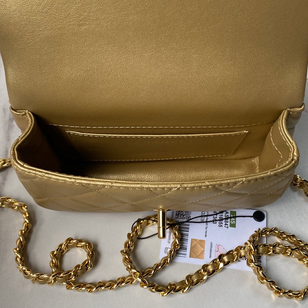 Chanel Mini flap bag with top handle AS4847 Gold Lambskin