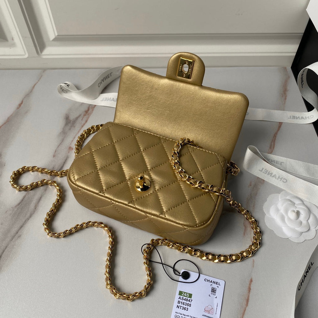 Chanel Mini flap bag with top handle AS4847 Gold Lambskin